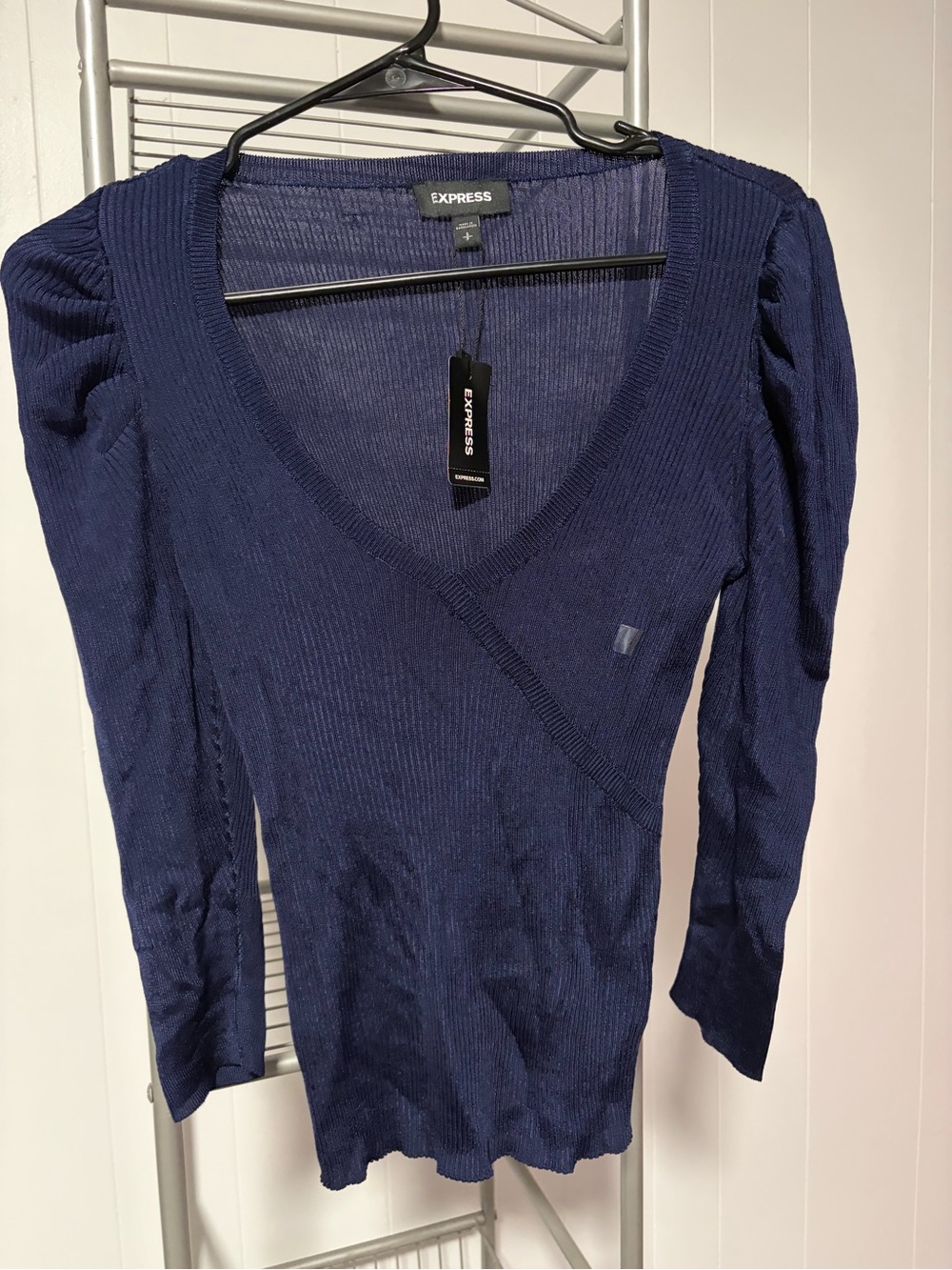 Express Navy Ribbed Deep V-Neck Sweater - Picture 2 of 3